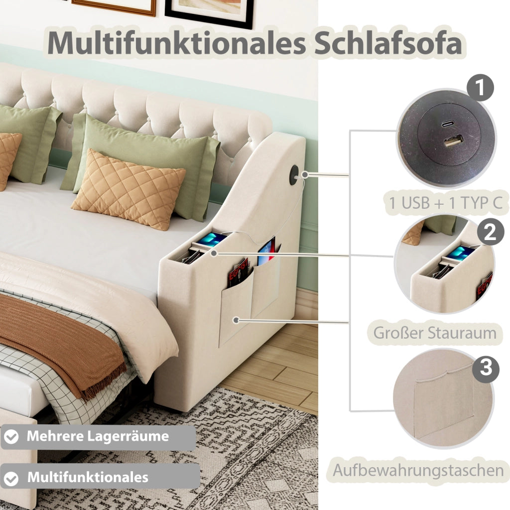 Letto estraibile singolo 90×190 cm con USB; vani portaoggetti e rete; senza materasso; beige