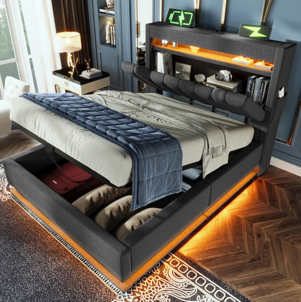 Letto singolo imbottito 90x200 cm con contenitore; LED; USB e Type-C; grigio
