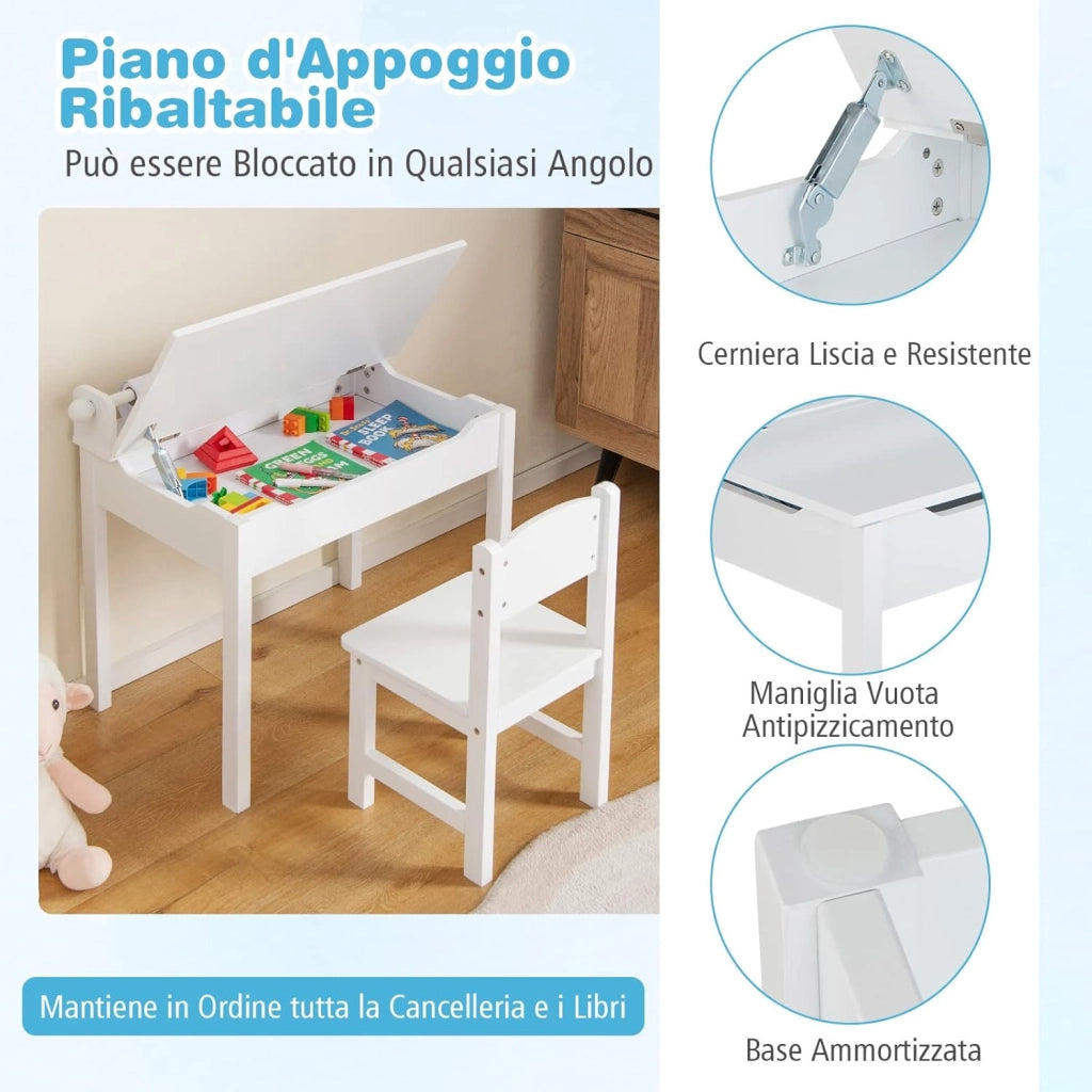 Set Tavolo e Sedia d’Arte per Bambini 3+ Anni, Scrivania in Legno di Pino da Disegno con Portarotolo, Piano Ribaltabile & Vano Portaoggetti, Rotolo di Carta 10m e 2 Pennarelli (Bianco)
