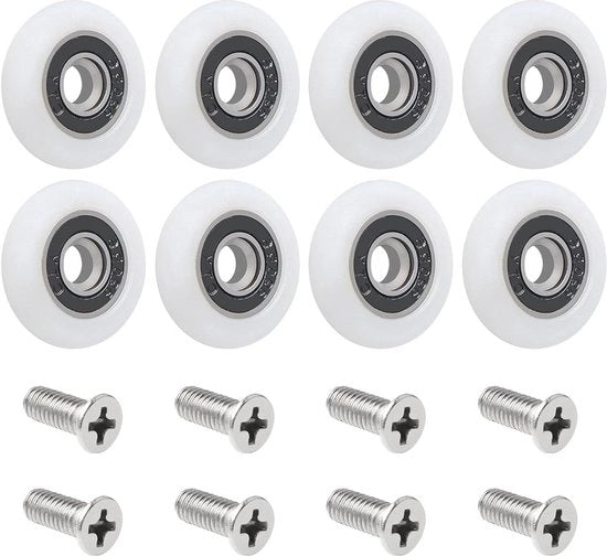 8 pezzi di ruote per porta doccia curva - 23mm - ruote per porta vetrata da bagno - ruote per porta scorrevole - 8 viti