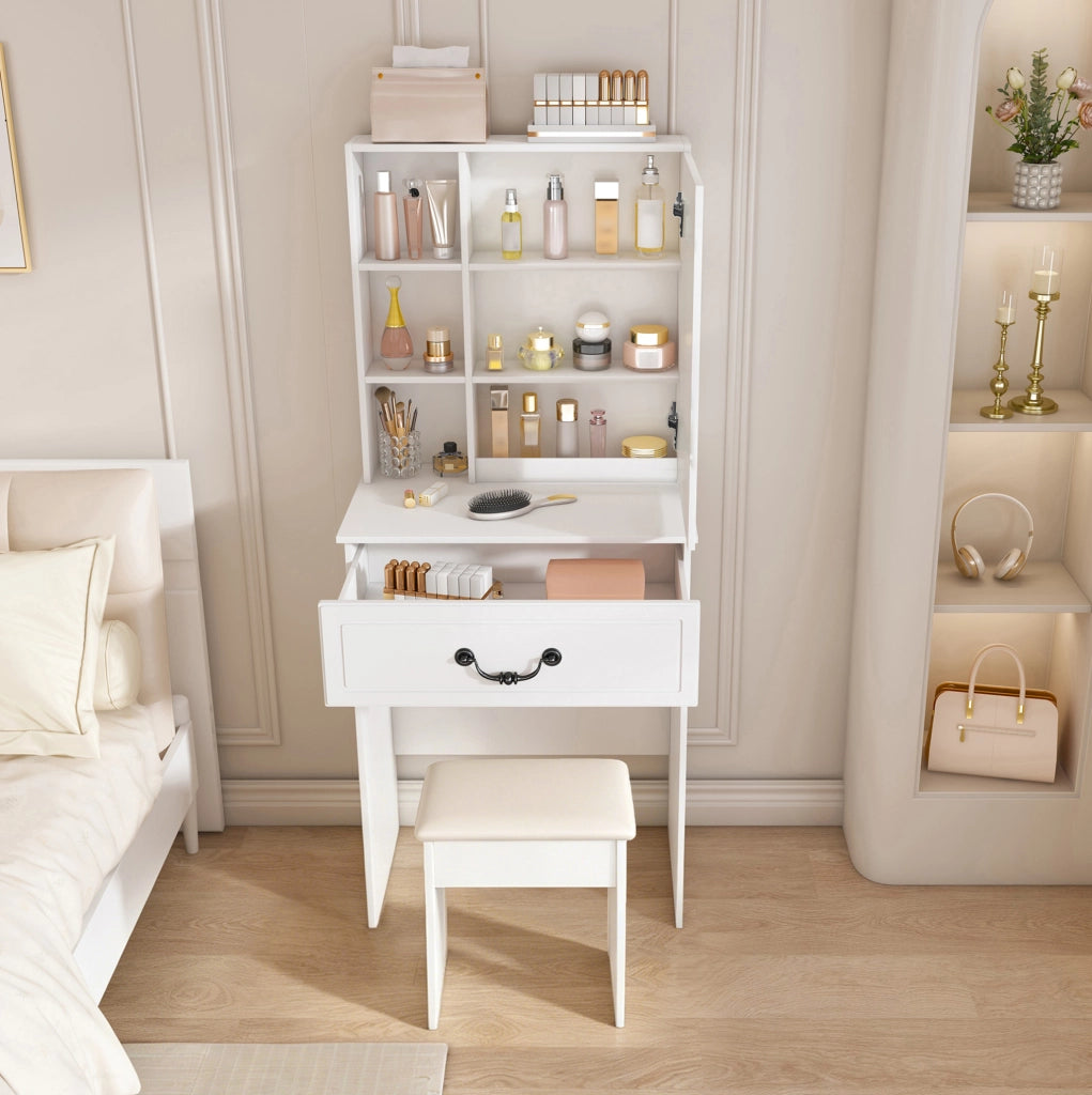Tavolo da trucco moderno con specchio LED a 3 modalità; vani portaoggetti e sgabello imbottito; bianco