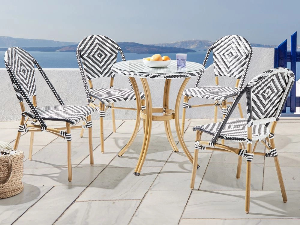 Set da pranzo da giardino a 4 posti Piano in rattan sintetico bianco e Nero Tavolo ø 70 e 4 strutture in alluminio impilabili