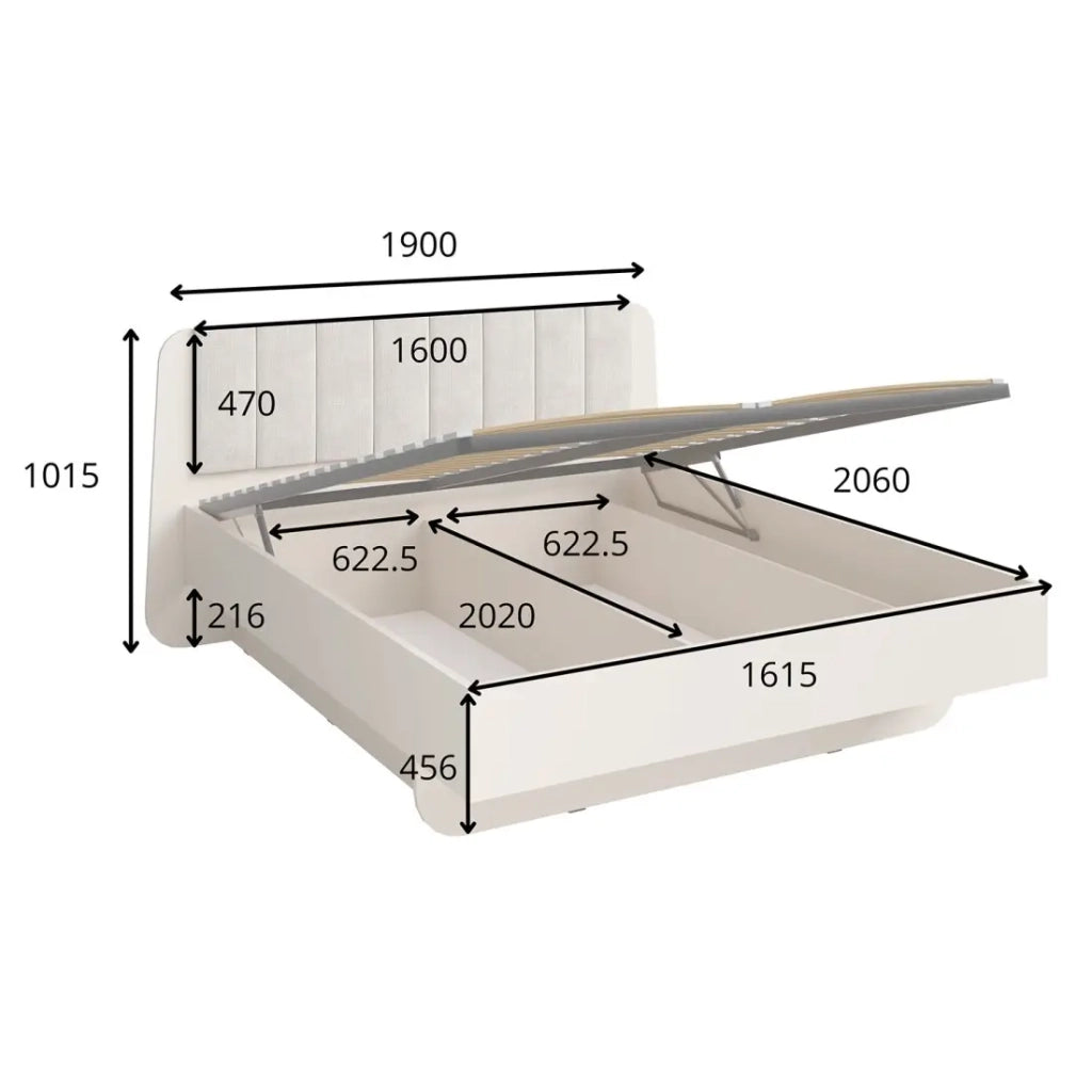 Letto contenitore AMALIE 160x200 cm – Testiera imbottita tessuto beige – Rete inclusa – Materasso non incluso