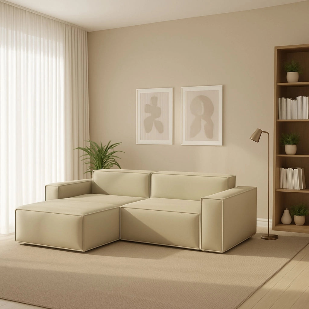 Divano fisso Alhoa, Divano componibile a 2 posti con penisola sinistra, Made in Italy, SofÒ  moderno in tessuto, Cm 220x170h70, Beige