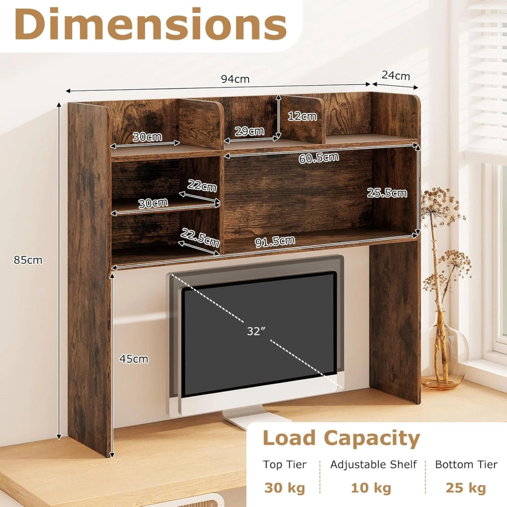 Libreria per schermo del computer, organizzatore in legno con 6 ripiani, scaffale a 3 livelli con 2 dispositivi anti-ribaltamento per ufficio a casa (marrone)