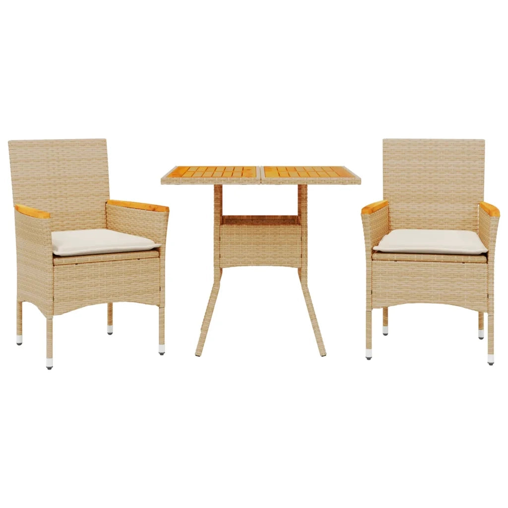 Set Pranzo da Giardino 3 pz | Set Salotto da Giardino con Cuscini Beige Polyrattan Acacia