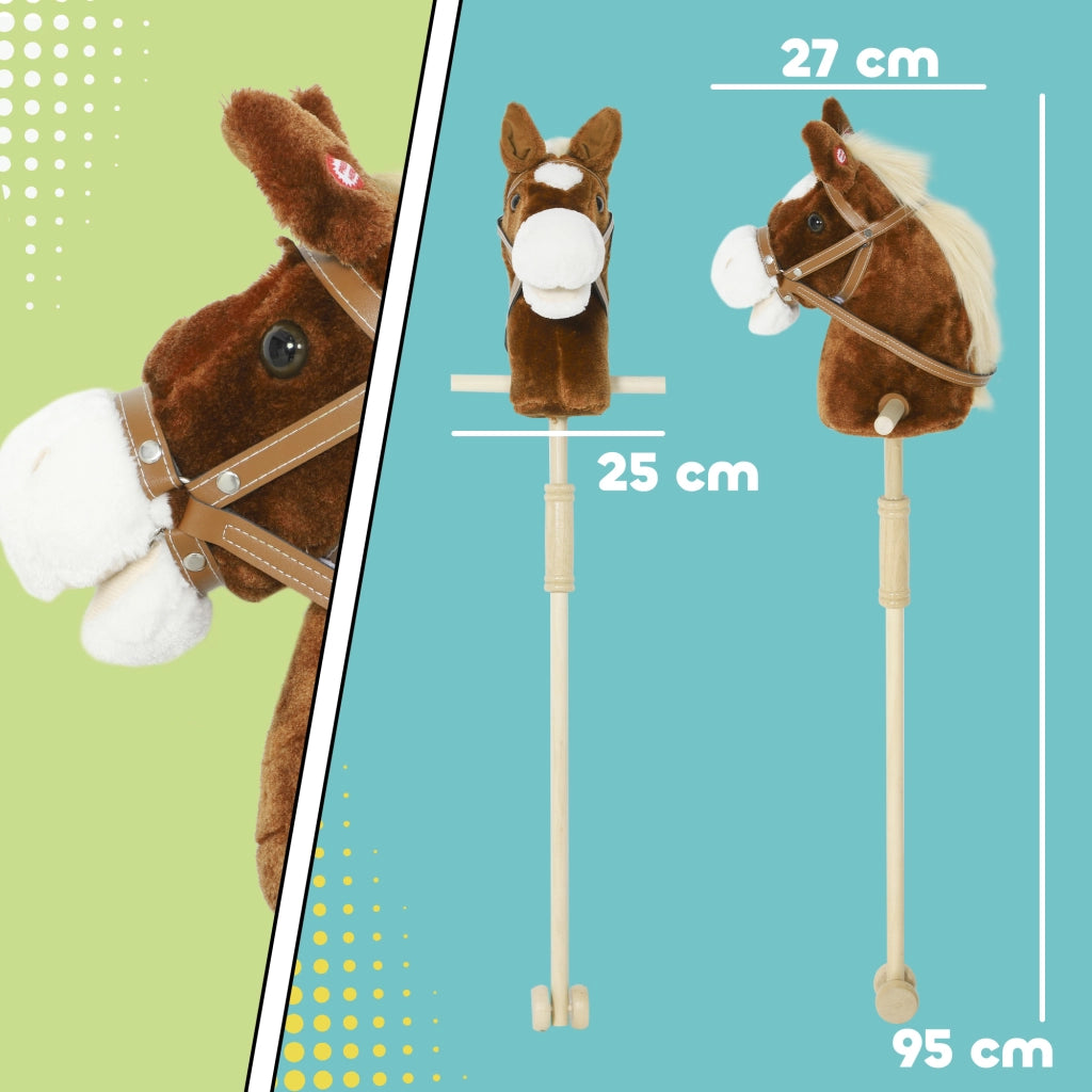 Cavallo con Bastone e Suoni Realistici per Bambini in Poliestere e Legno Marrone