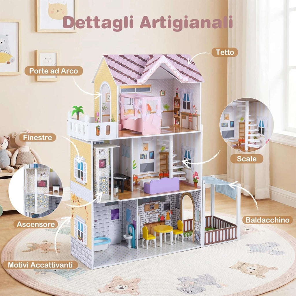 Casa delle Bambole in Legno, Casa Barbie a 3 Piani con Mobili, Ascensore, Balcone, Giardino e 16 Accessori, Fai-da-Te Giocattolo per Bambini 3+ Anni,102 x 34 x 120,5 cm