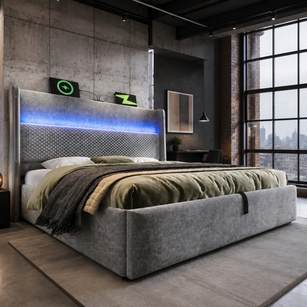 Letto 160x200 cm con contenitore; LED e prese USB/Type-C in lino grigio