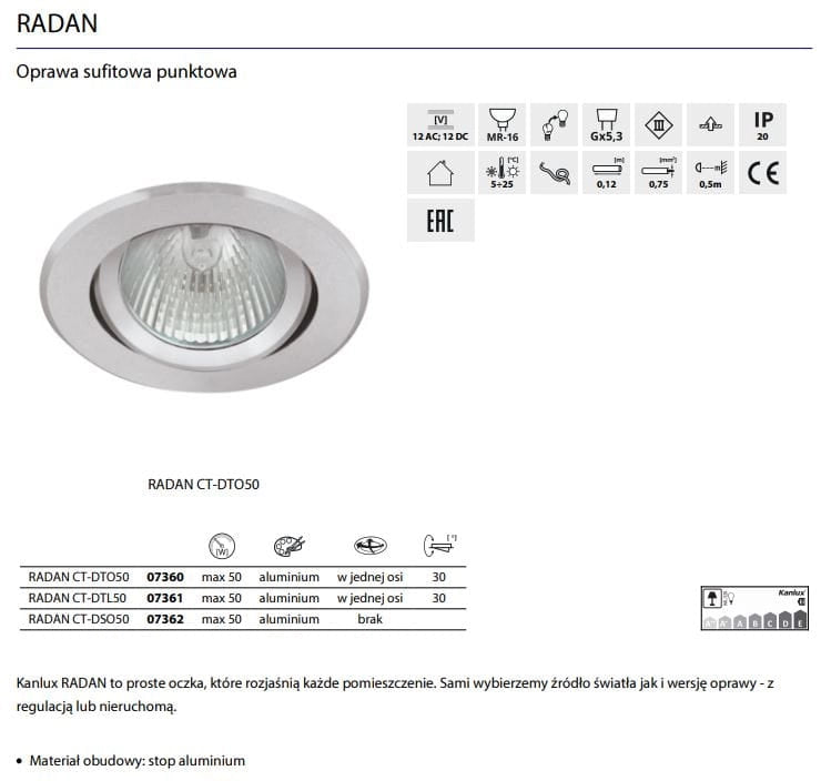 Kanlux RADAN 7362 faretto incasso tondo GX5.3 50W IP20