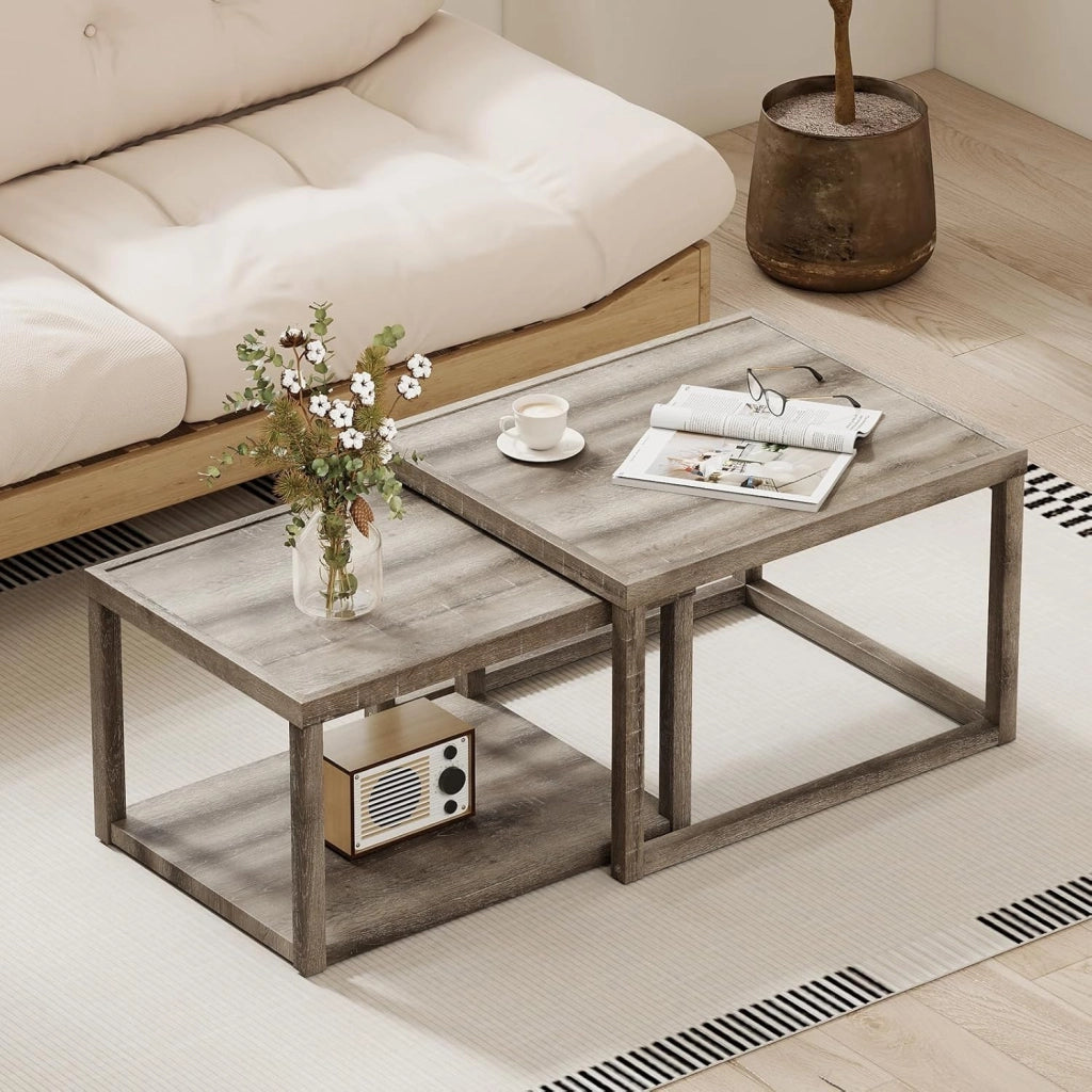 Set di 2 tavolini impilabili, rettangolari, per soggiorno, in legno, piccolo, set da 2 pezzi, in 2 misure, tavolino da caffè in legno con ripiano, grigio