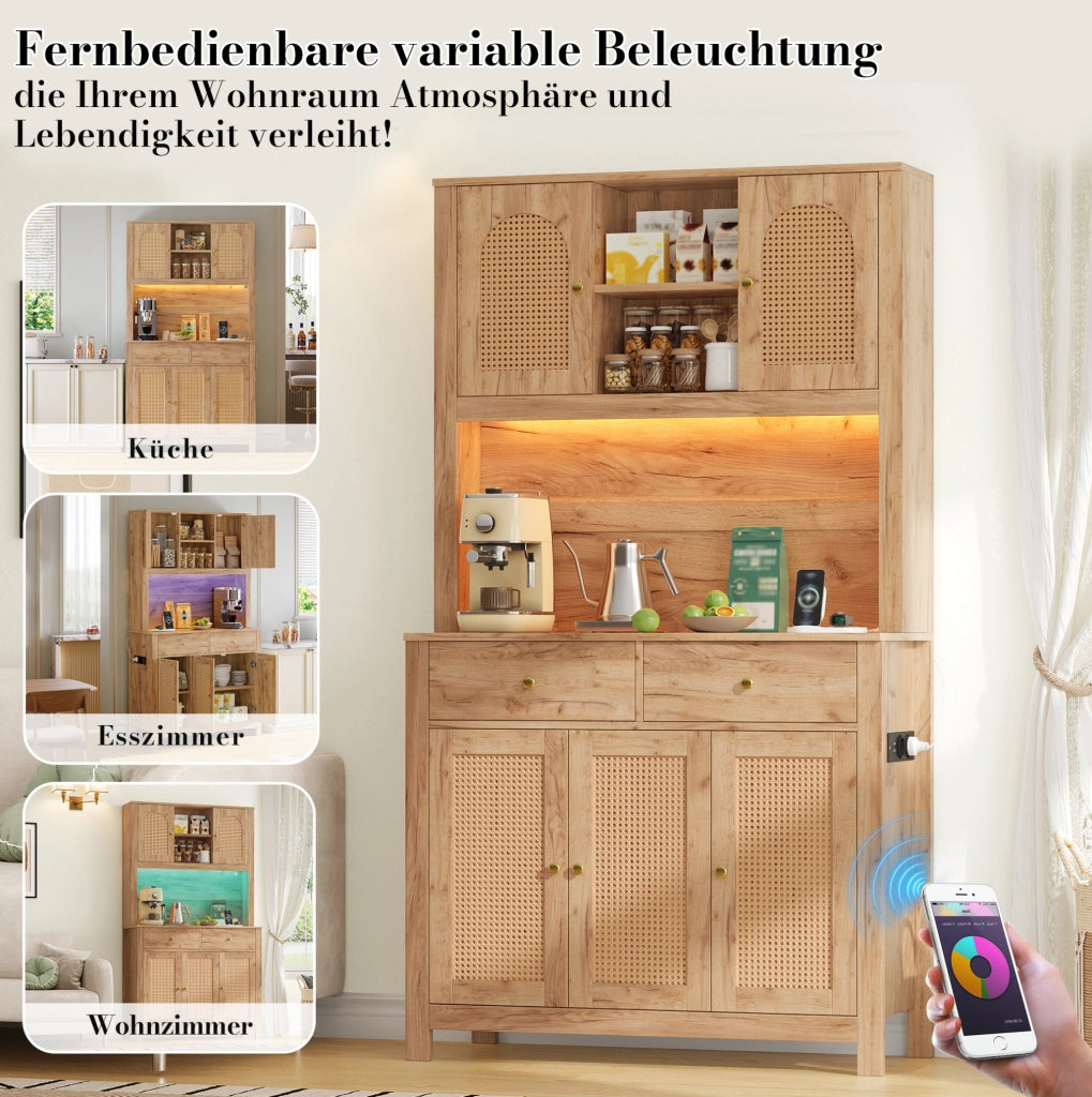 Credenza alta da cucina con LED RGB, prese e ante in rattan