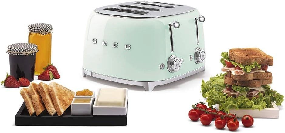 Smeg, tostapane 4x4 tsf03pgeu, 4 scomparti da 36mm, 6 livelli di doratura, funzione riscaldamento, scongelamento e bagel, espulsione automatica pane, 2 cassetti raccoglibriciole, 2000w, verde pastello