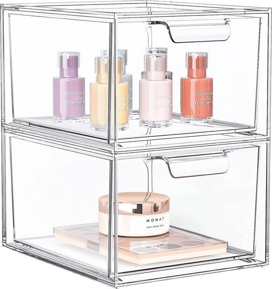 Set di organizzazione per trucchi in plastica trasparente da 2 contenitori a pile regolabili per camera da letto e bagno