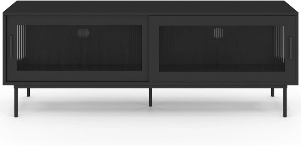 Mobile TV ZINEB 140 cm, 2 ante scorrevoli in vetro, frontale nero scanalato