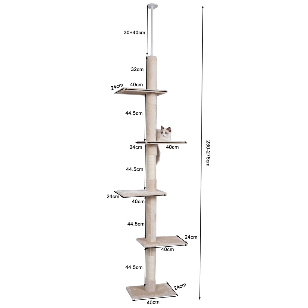 Fudajo Albero tiragraffi a soffitto beige 230-276cm Altezza regolabile con 4 livelli e sisal Gatti