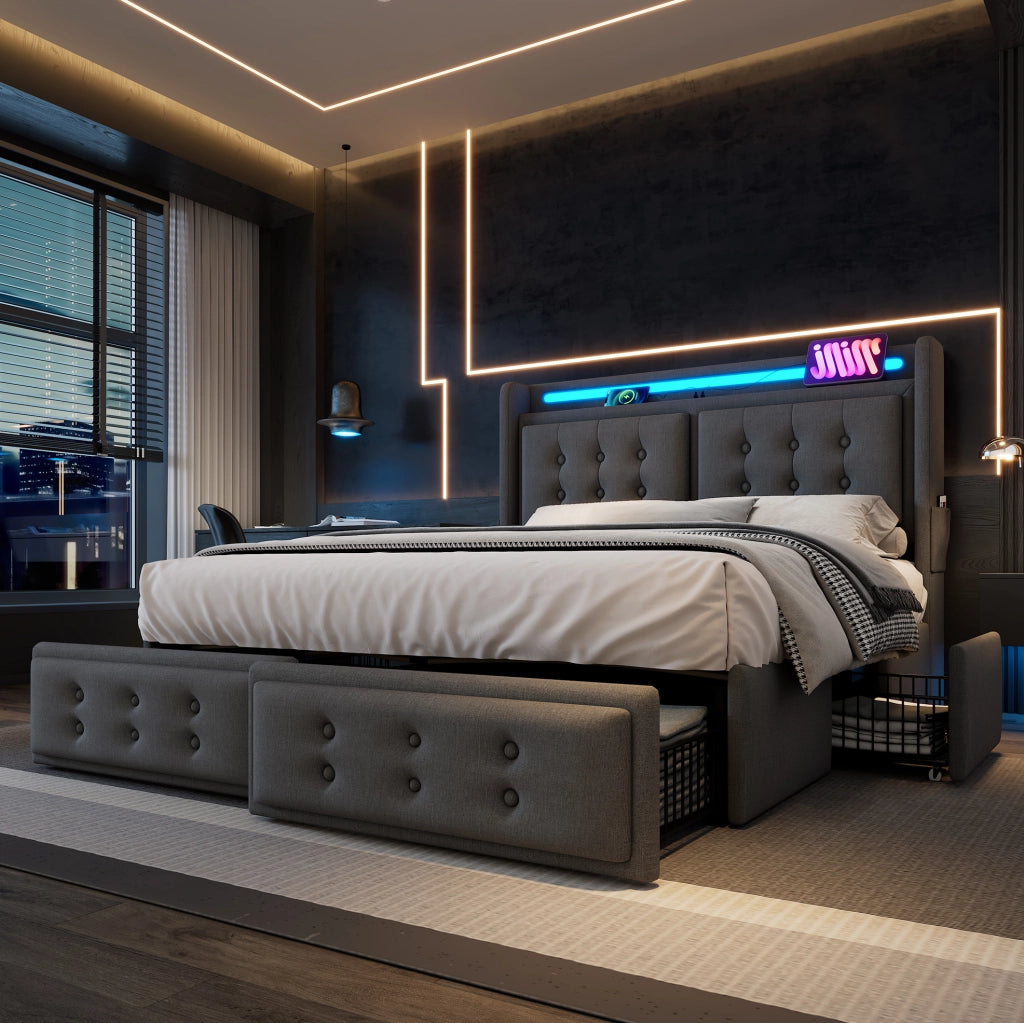 Letto 140x200 con LED; USB-C; 4 cassetti; tessuto cotone-lino; grigio