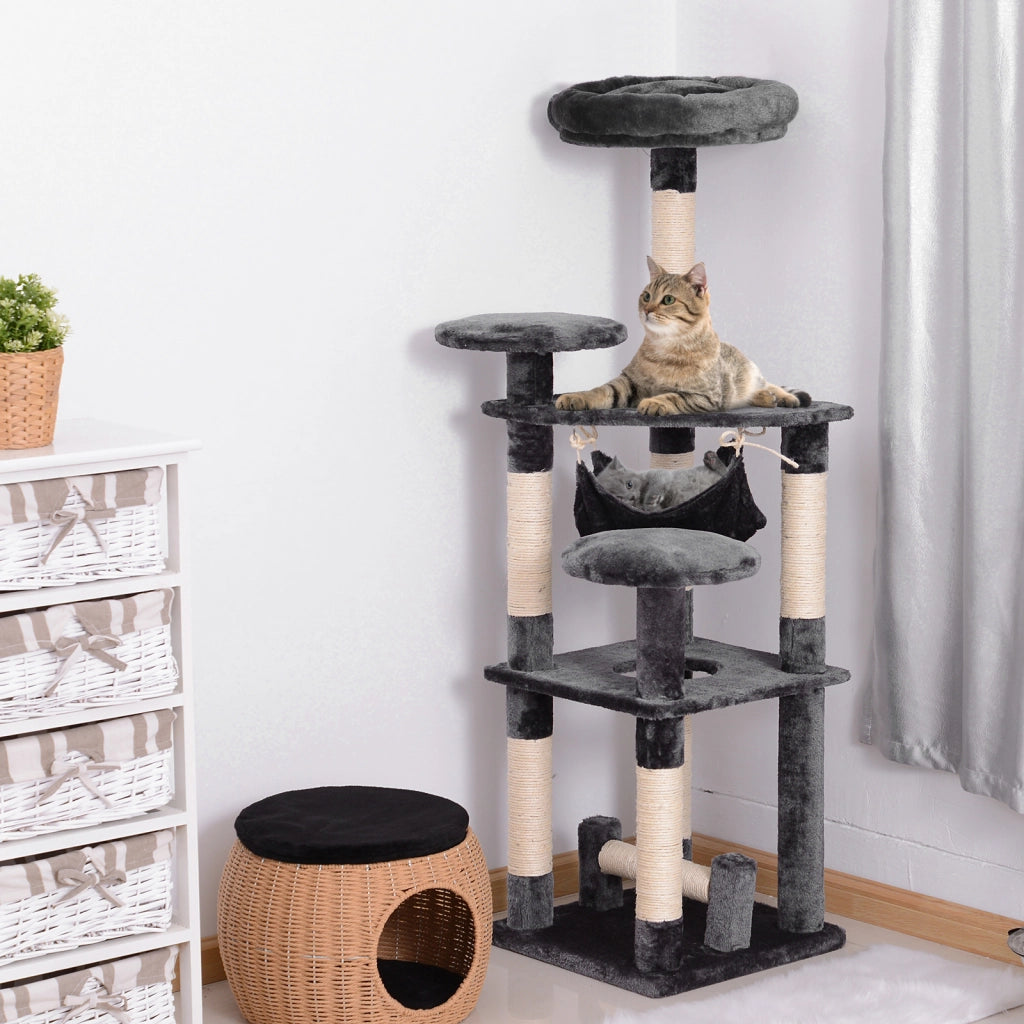 EasyComfort Albero Tiragraffi Giocattolo per Gatti a 4 Livelli con Amaca Cuccia Piattaforme in Peluche Sisal Naturale Altezza 132cm Grigio