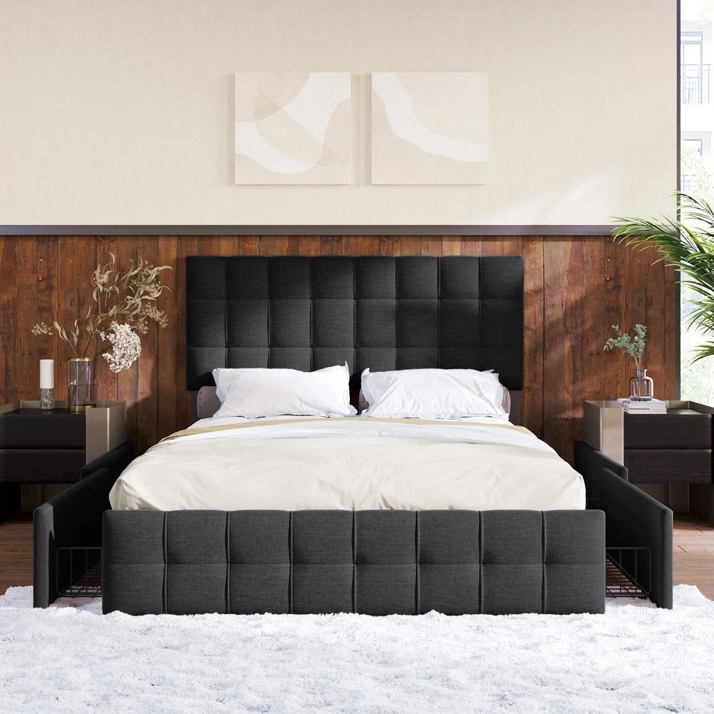 Letto Contenitore Imbottito con 4 Cassetti e Testiera ¨C Xylo ¨C Tessuto Nero 140x200