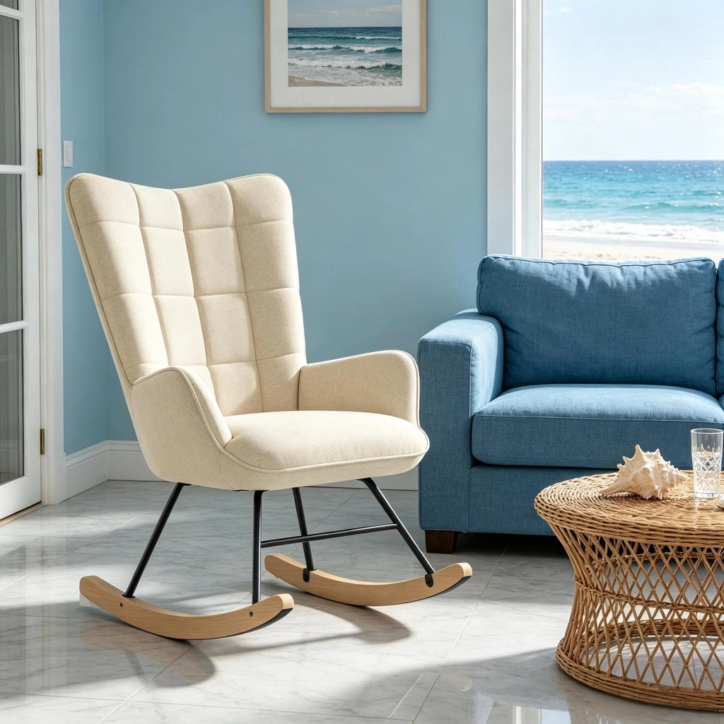 Sedia a dondolo ergonomica con schienale alto e braccioli curvi per lettura e relax in velluto e legno beige