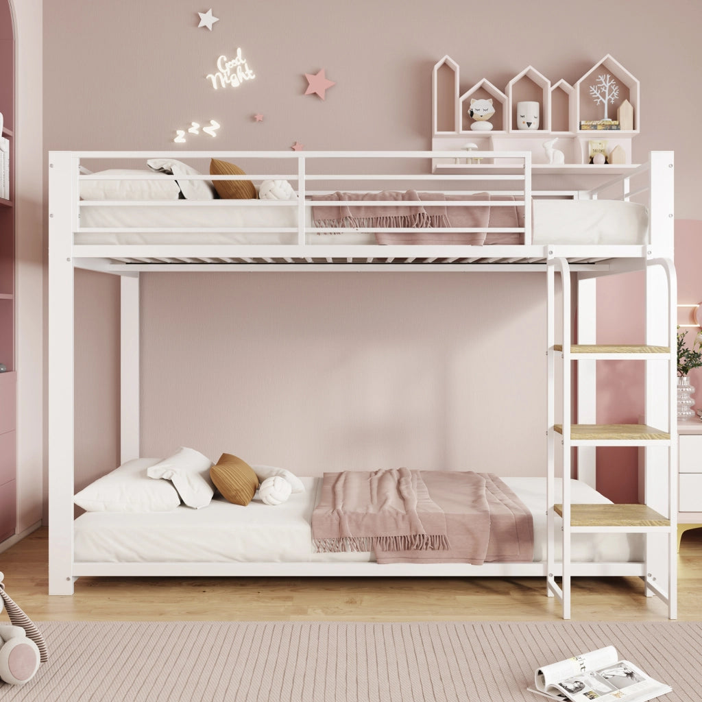 Letto a castello 90x200 cm in MDF e metallo bianco e noce con scala integrata e sponde di sicurezza