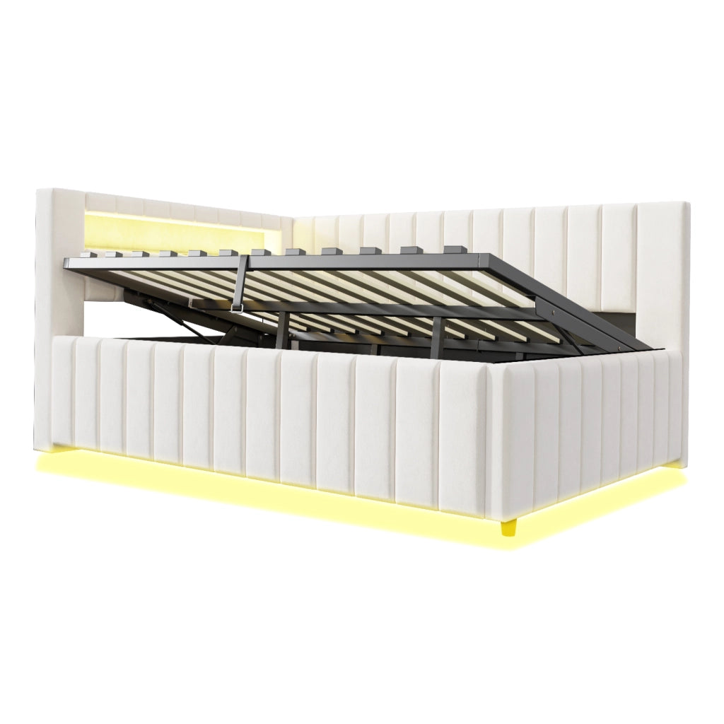 DESMIU Letto Contenitore 140 × 200 cm 2 Posti con LED, USB e vano idraulico, senza materasso, beige