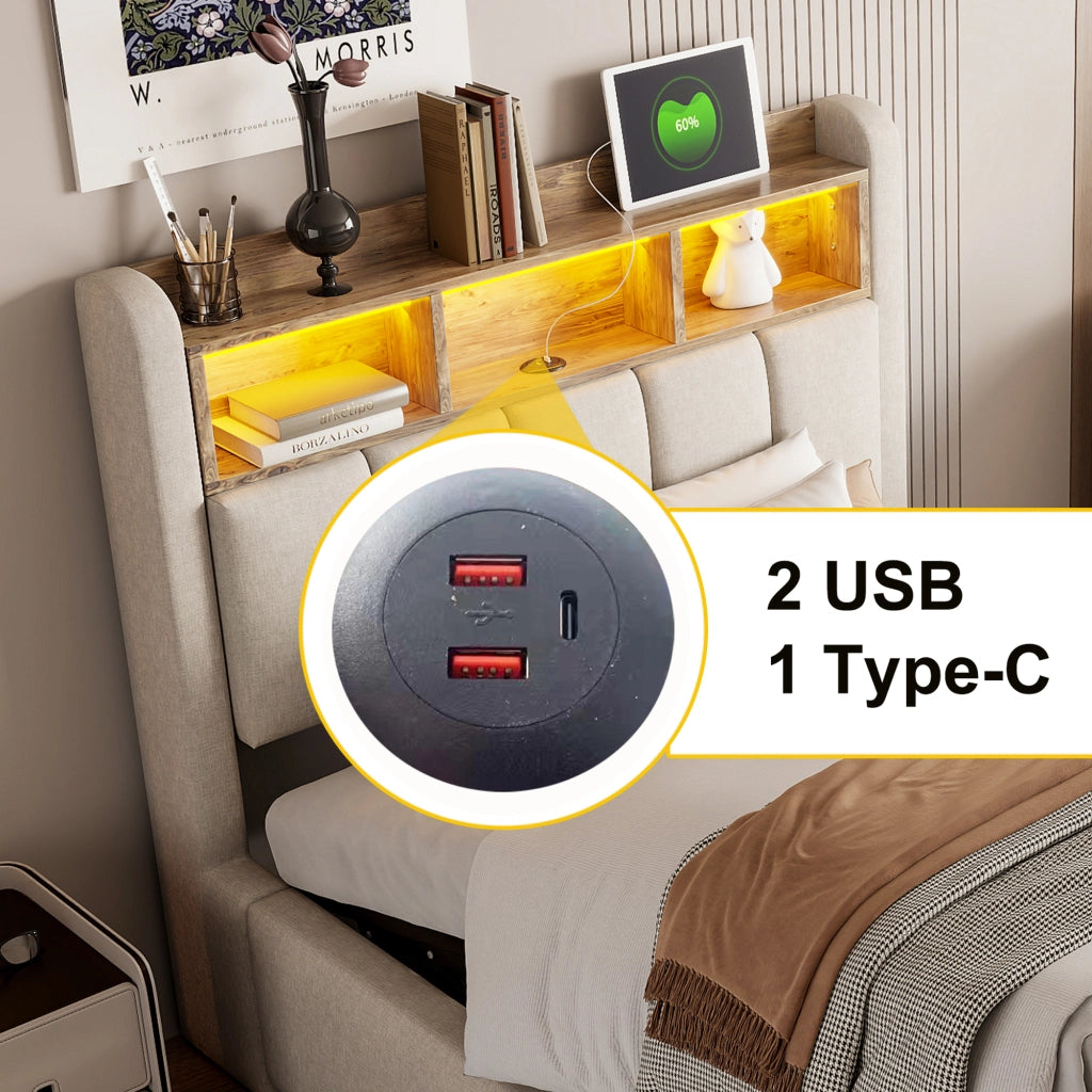 DESMIU Letto singolo 90 × 200 cm con LED, USB, Type-C, vano idraulico, senza materasso, beige