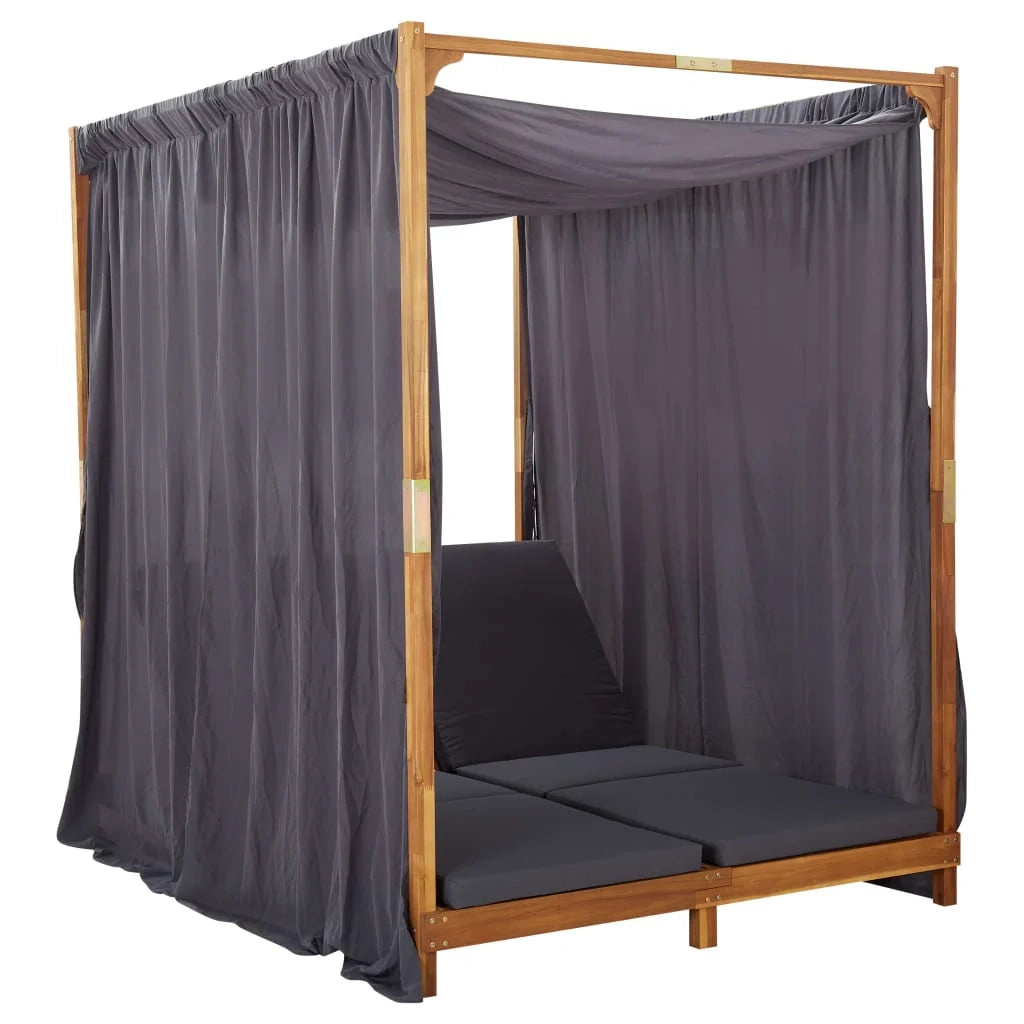 Lettino prendisole sedia a sdraio lettino da giardino mobili da patio set da esterno doppio con tende e cuscini legno di acacia 02_0012738