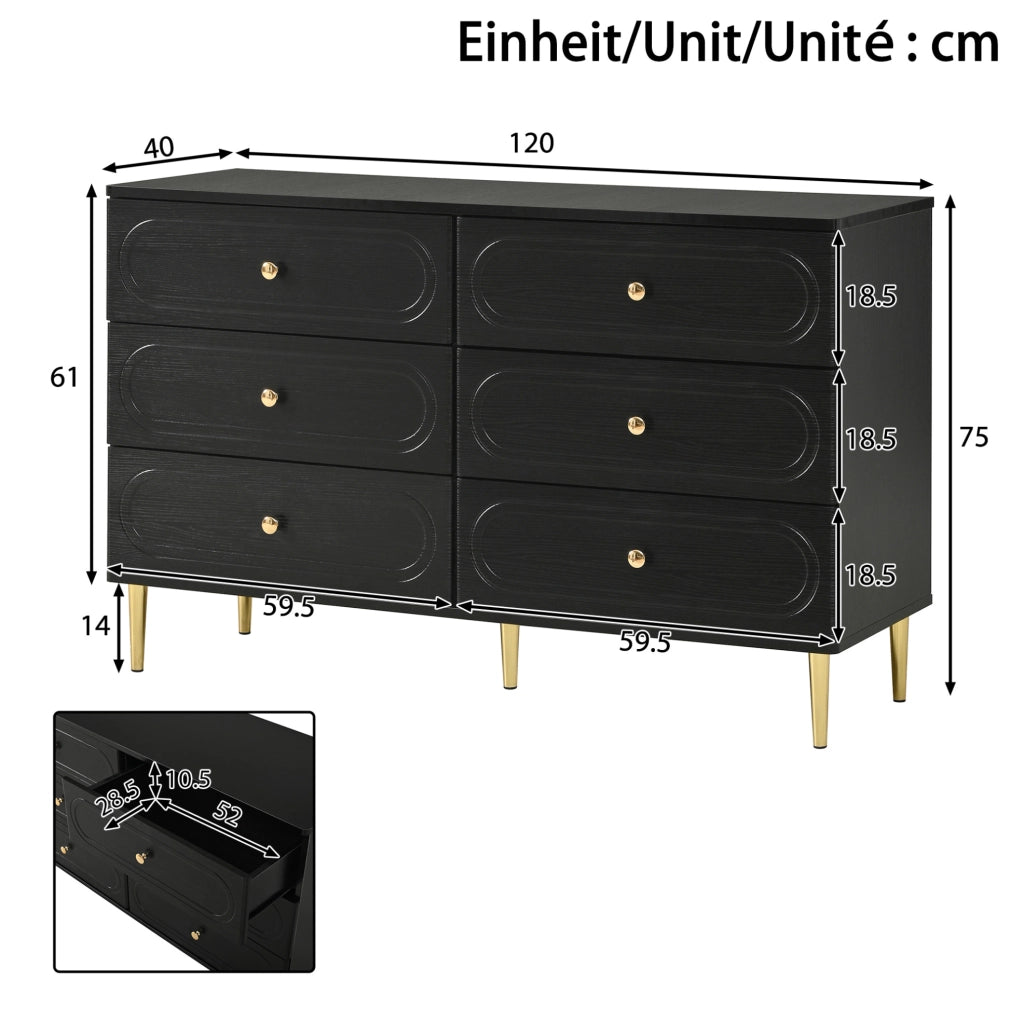 Credenza ULEVR 120x40x75 cm con 6 cassetti e gambe in metallo, nera