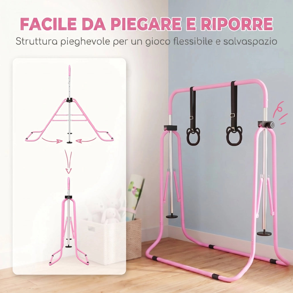 Sbarra Ginnastica per Bambini Regolabile con Anelli ¨C Zephmum ¨C Acciaio Rosa 148x105x88-128 cm