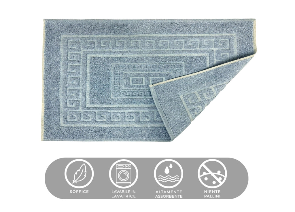 Tappeto Bagno Doccia Spugna Tinta Unita Torino Tappetino Super Assorbente In Cotone Pelo Corto Con Greca - 60x90 - Azzurro