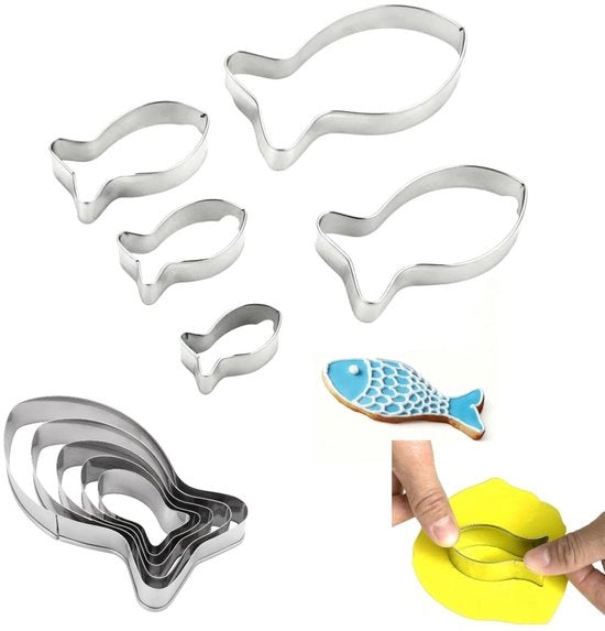 Set di biscottiere in acciaio inossidabile - 5 unità - Sostenibile - Forma pesce - Dimensioni multiple (10,5/8,7/6,7/5,2/4,0 cm)