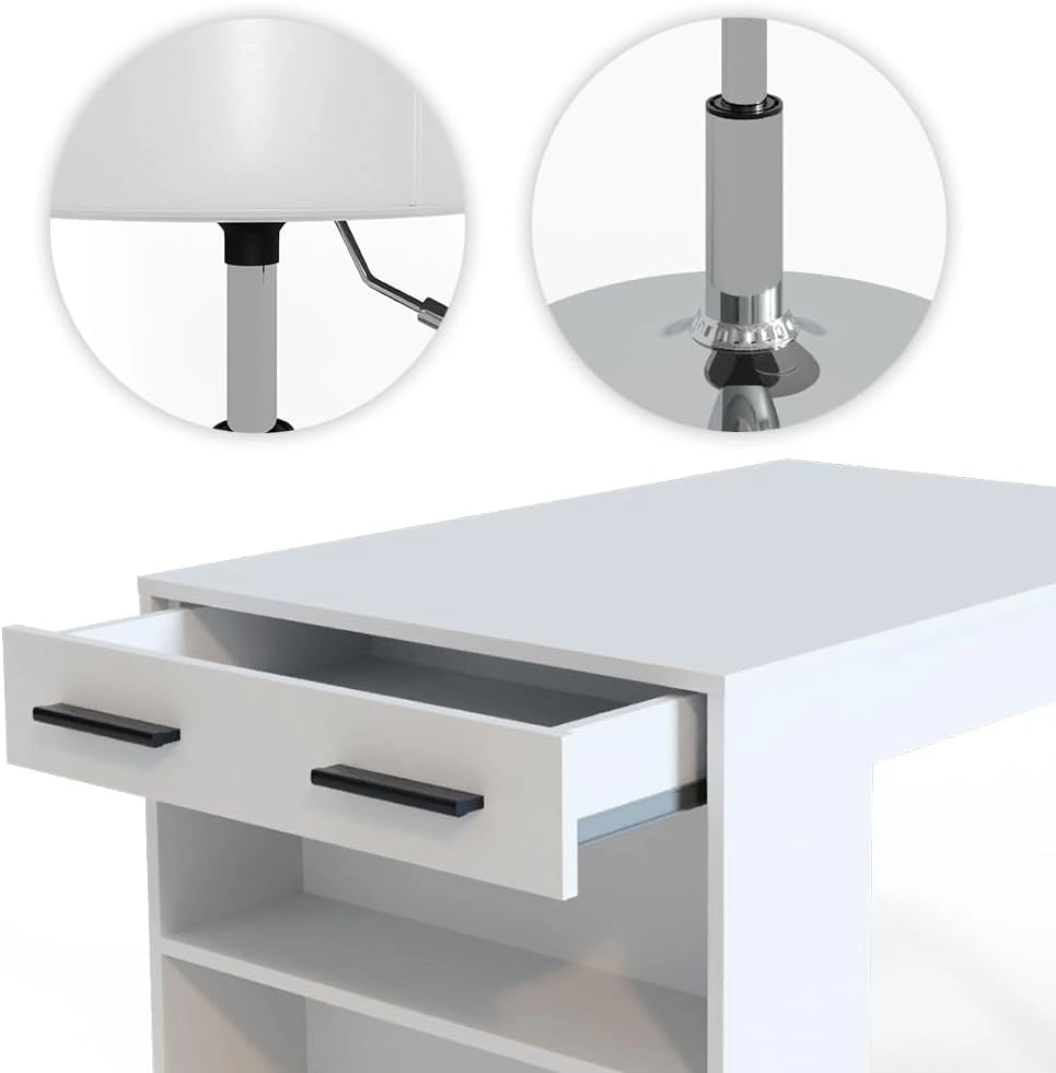 Set tavolo da pranzo Repose, Bianco, 67 x 100 cm con 2 sgabelli, adatto come piano di lavoro o area di appoggio aggiuntiva