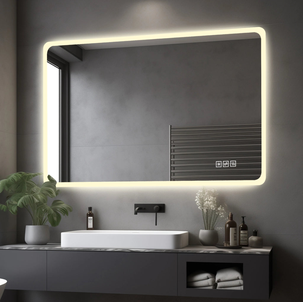 Specchio da bagno LED con bordo in vetro satinato e antiappannamento