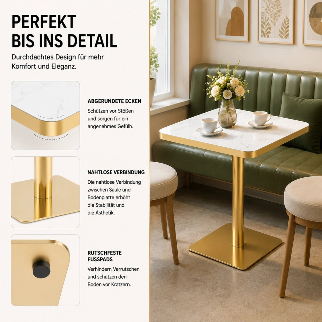 Tavolo da pranzo per 2-4 persone con piano quadrato effetto marmo e bordo oro, struttura in metallo, bianco