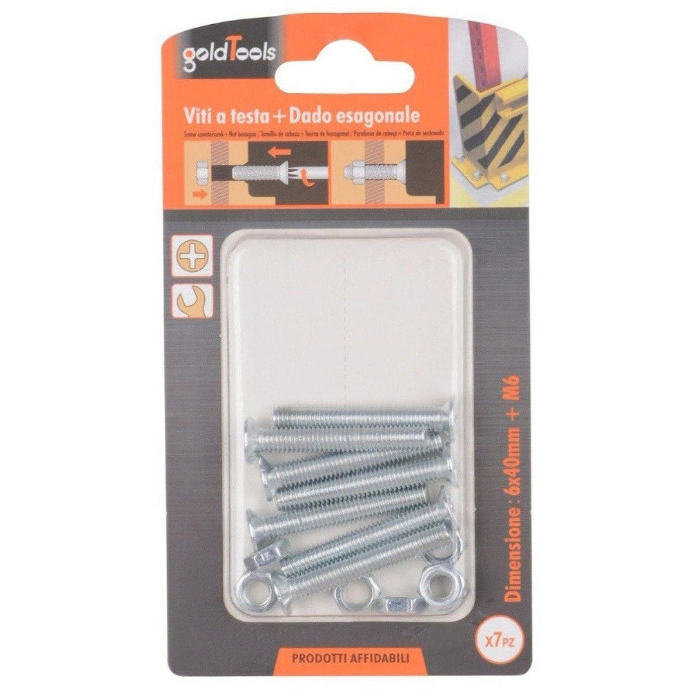 Trade Shop - Set 7 Pezzi Viti Vite Testa A Croce Piatta 6 X 40 Mm Con Dado Esagonale M6 90945 -