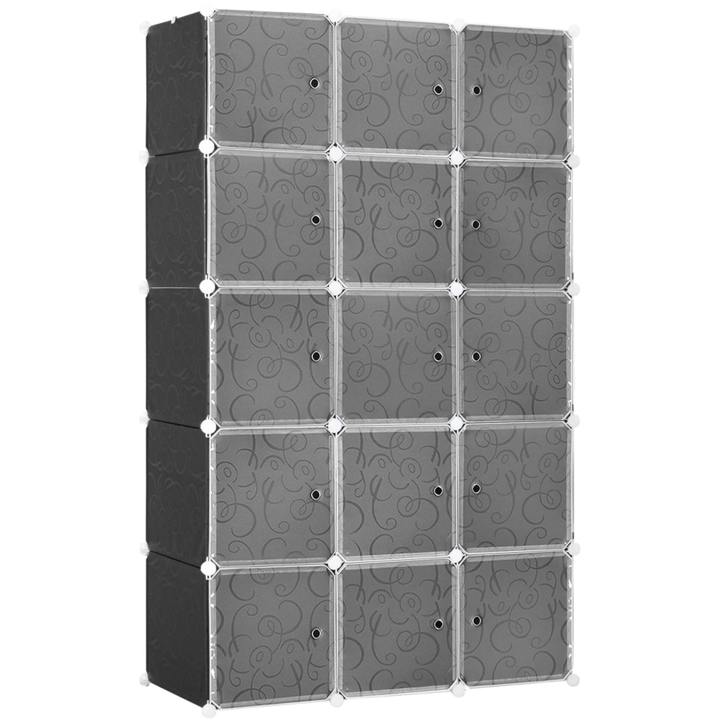 Armadio modulare con 11 cubi e 2 barre appendiabiti in plastica; nero; 111 x 47 x 183 cm