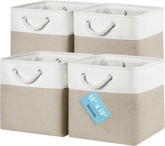 Set di contenitori di archiviazione in tessuto a cubo da 4 pezzi, 30 x 30 x 30 cm, pieghevole per cassetti, armadi e camerette, beige e bianco