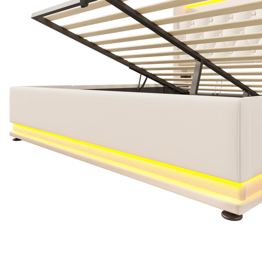 Letto imbottito 140x190 cm con LED, contenitore idraulico e USB-C in PU bianco