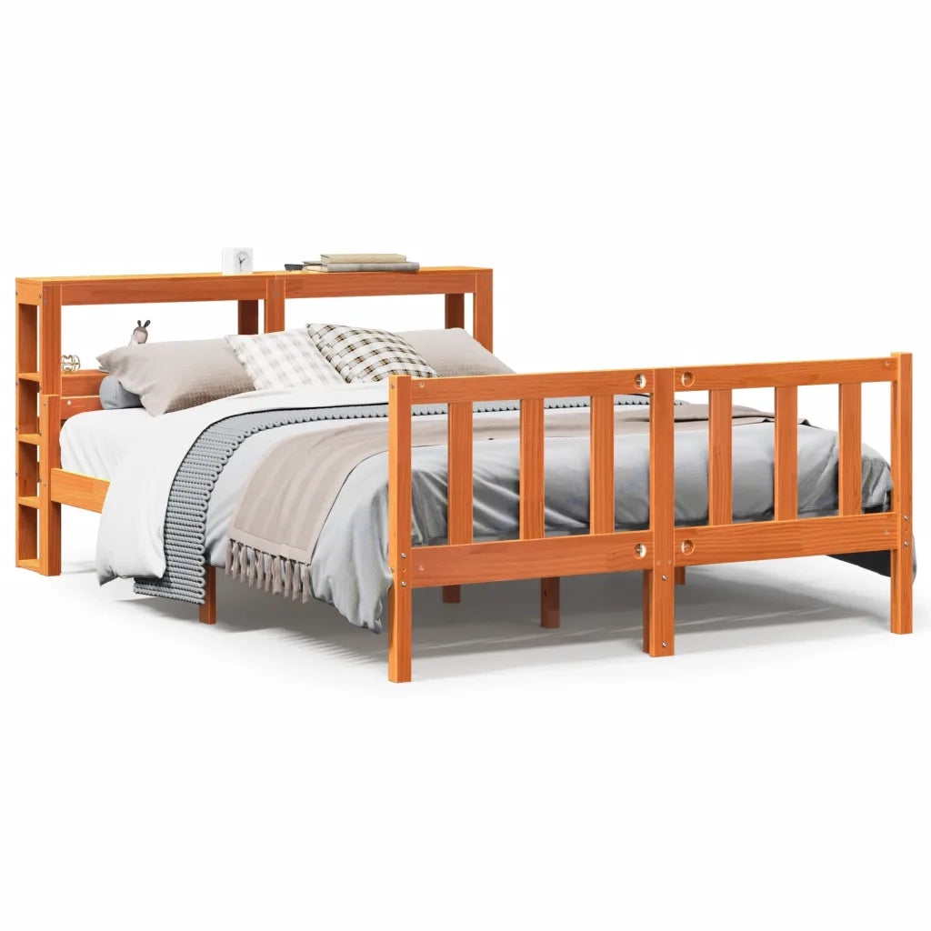 Letto matrimoniale | Letto per adulti | Giroletto con Testiera Marrone Cera 150x200 cm Massello Pino