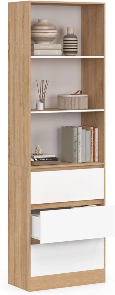 CARLA Libreria a 3 livelli con 3 cassetti bianchi ed effetto legno H.190 cm