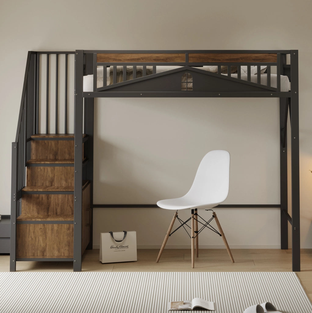 Letto a soppalco in metallo 90x200 cm con scale portaoggetti e armadietto; nero