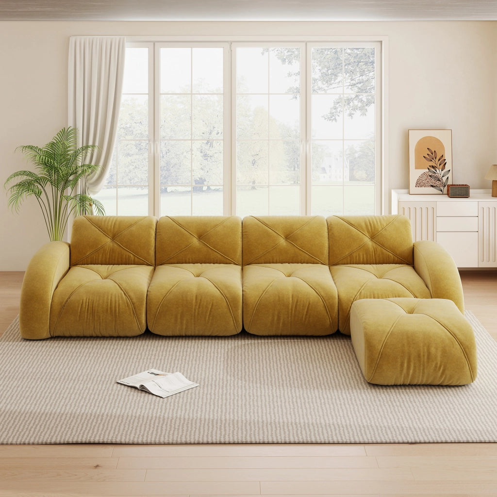 Divano angolare modulare a 4 posti senza montaggio con base antiscivolo in chenille gialla 358 × 171 × 76 cm