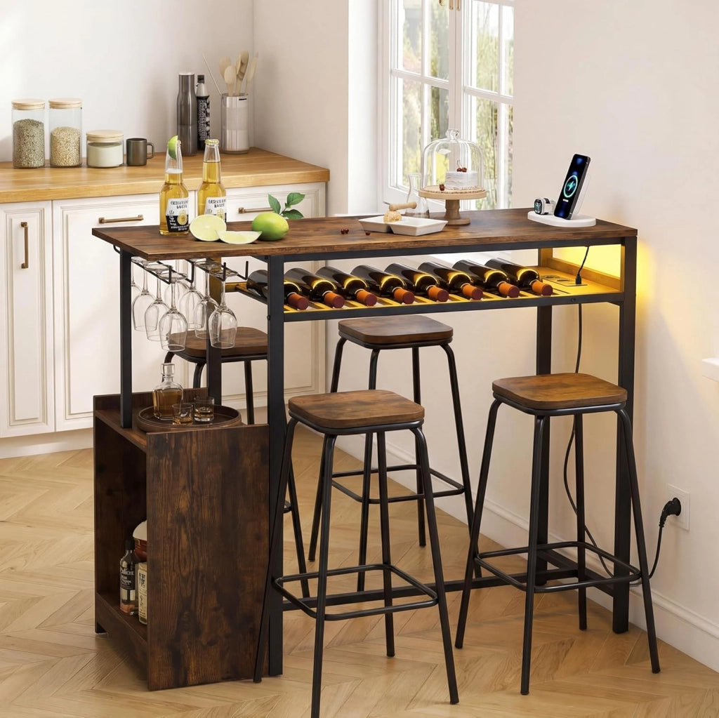 Tavolo da Bar con Luce Regolabile, Tavolino Alto con Stazione di Ricarica, Portabottiglie e Portabicchieri, Tavolino da Cucina per Soggiorno e Sala da Pranzo, 110 x 40 x 92 cm