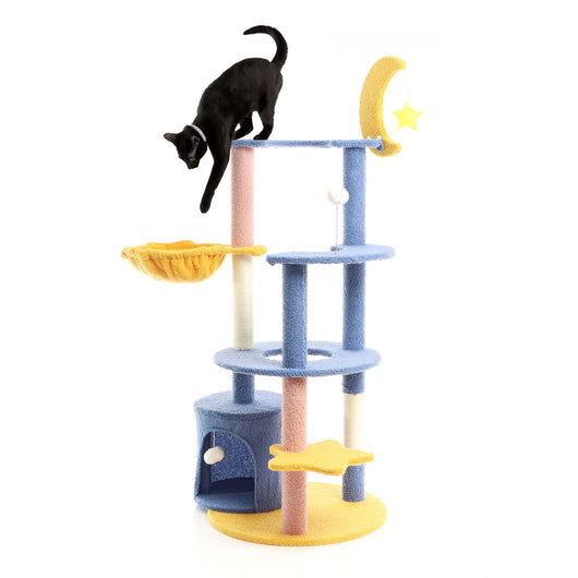 Fudajo Albero tiragraffi con luna e stelle 132cm blu e giallo Con casetta per gatti e sisal