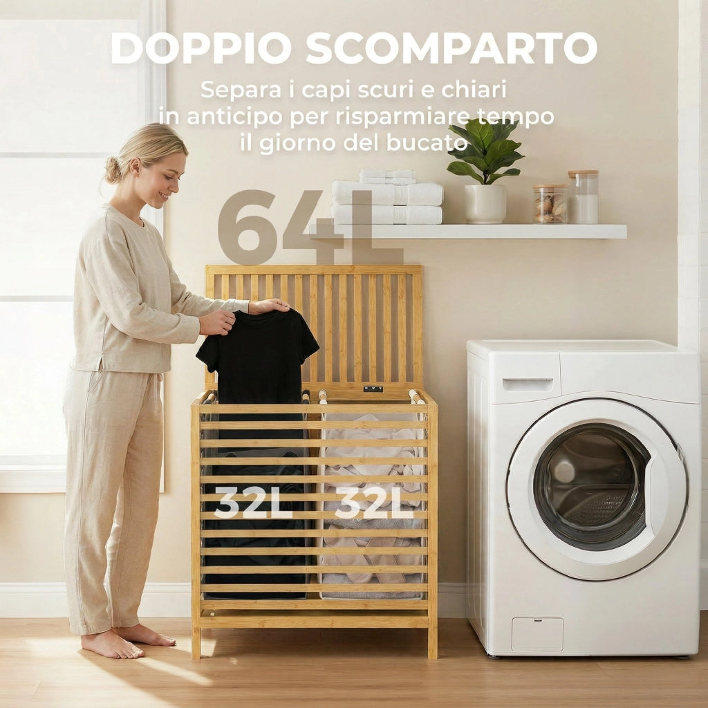 Cesto Portabiancheria in Bamb¨´ con 2 Sacche ¨C zephmum ¨C Legno 64L