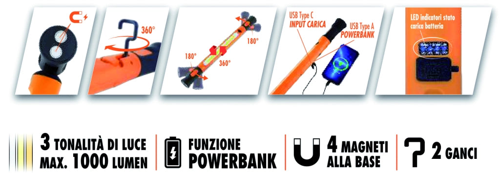 Luxen TORCIA DA LAVORO RICARICABILE CON MAGNETE E POWERBANK,16 w, 1000 lumen, 3 modalitÃE di luce
