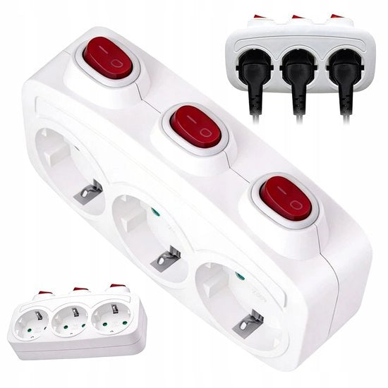 Scatola di trasformazione 1 a 3 EU - 16A con interruttori individuali - 3680W max - resistente al fuoco ABS - per uso domestico, ufficio e viaggio