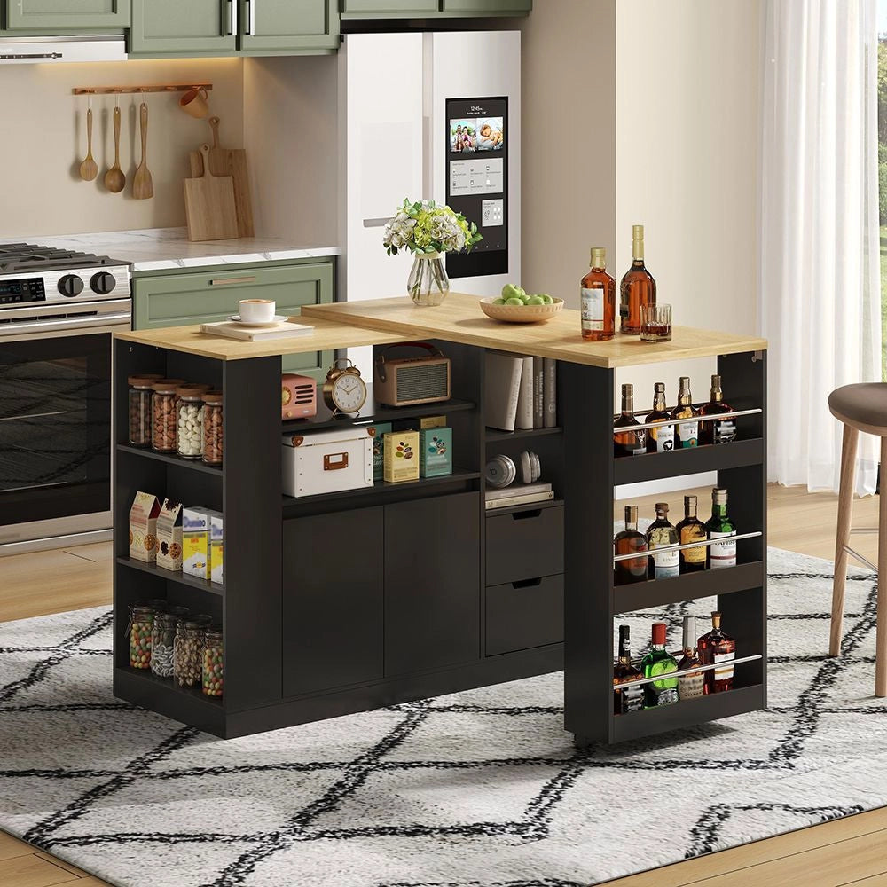 Isola cucina con piano scorrevole - Xylo - 115 cm - 3 lati ripiani, 2 cassetti, bar caff¨¨