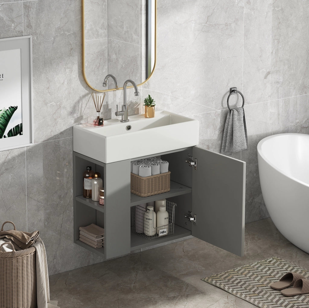 Mobile bagno con lavabo 55 cm, pannello a rilievo, grigio e bianco